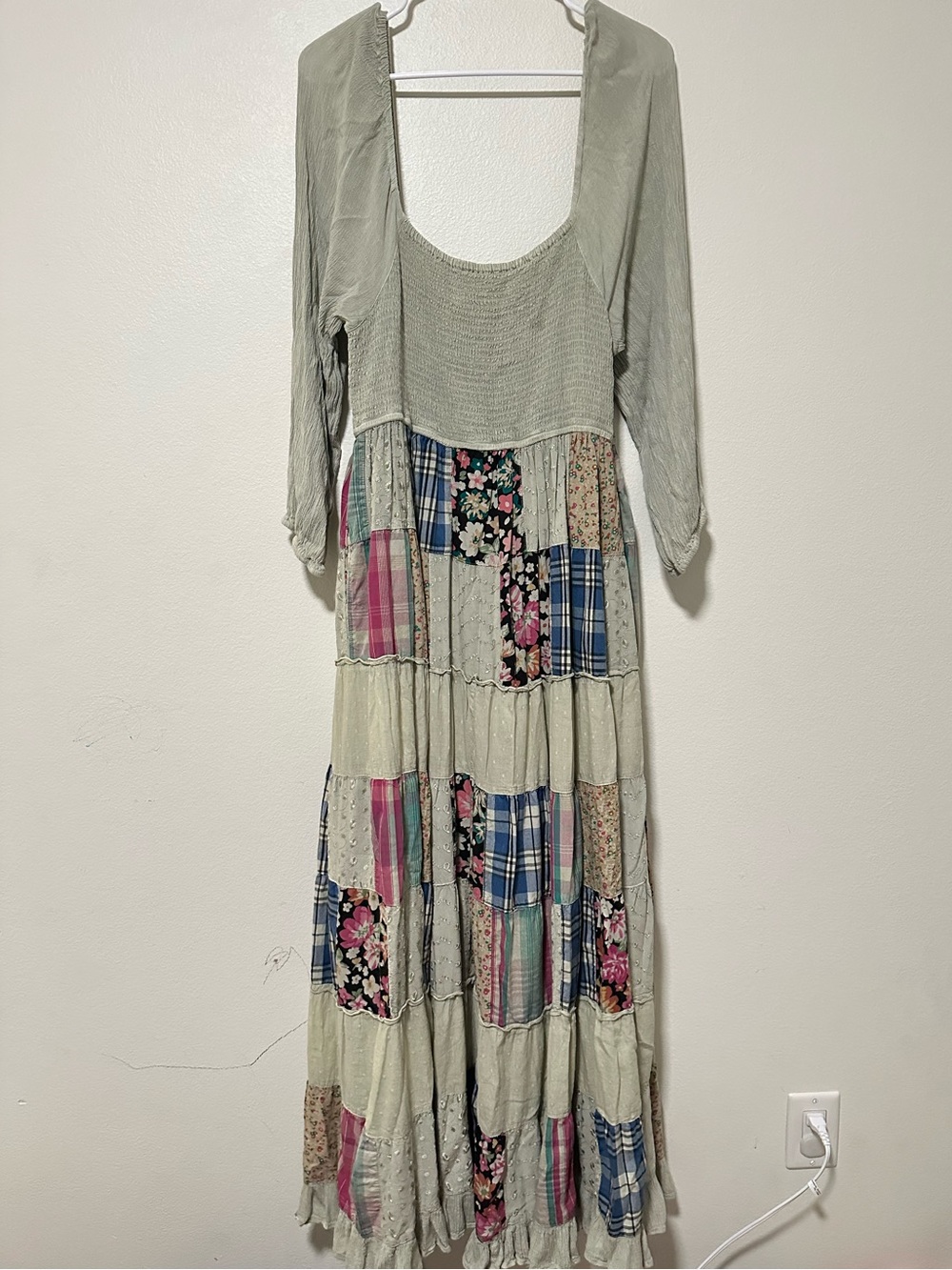 Young Threads Bohemian Patchwork Smocked Maxi Dress in Sage Green